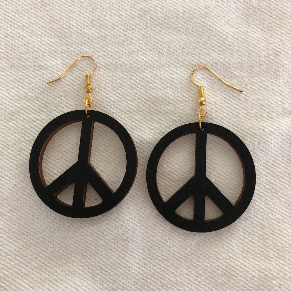New Black Wooden Peace Sign Dangle Earrings